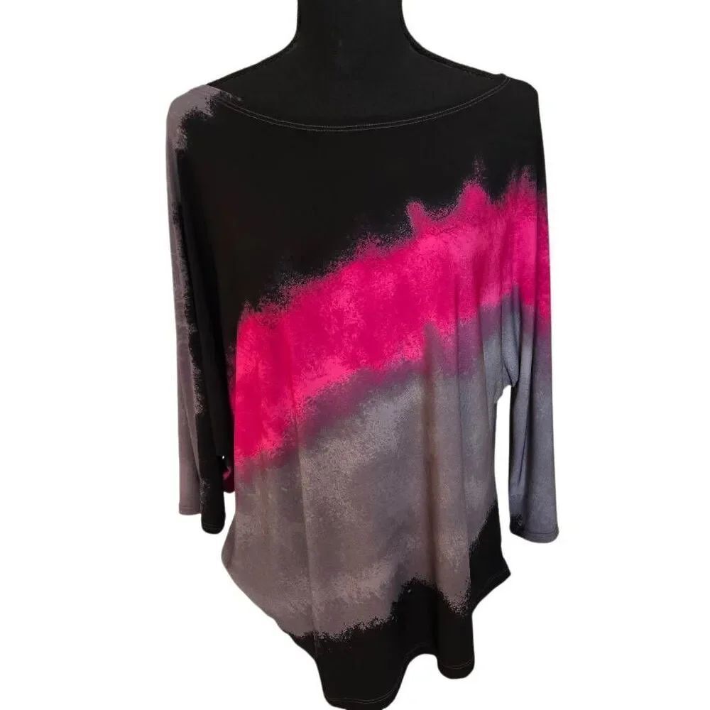 Clara Sun Woo Womens Travel Friendly Abstract Print Gray Pink Black Tunic Top Me